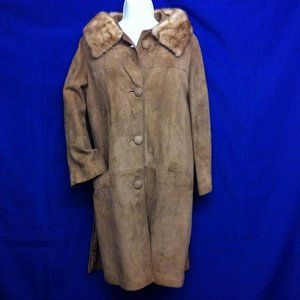 Vintage 60s Suede Leather Coat -L Audrey Charade Fur Collar Pockets Buttons Tan